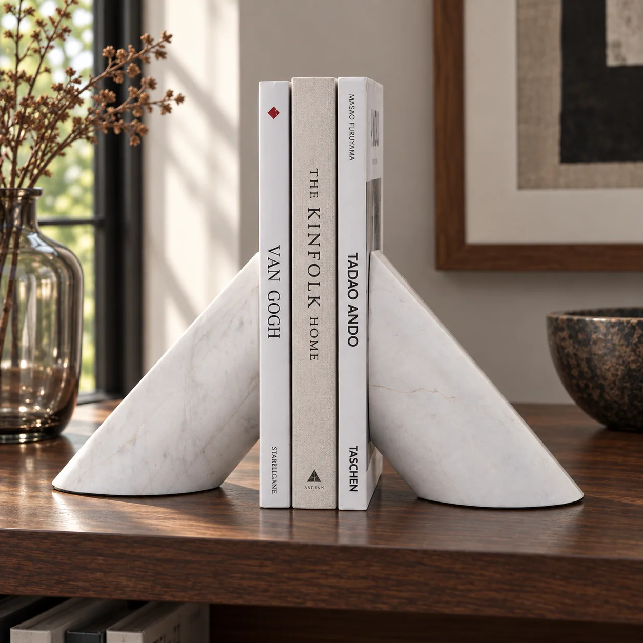 Marble Wedge Bookends — styled arrangement; accessories not included