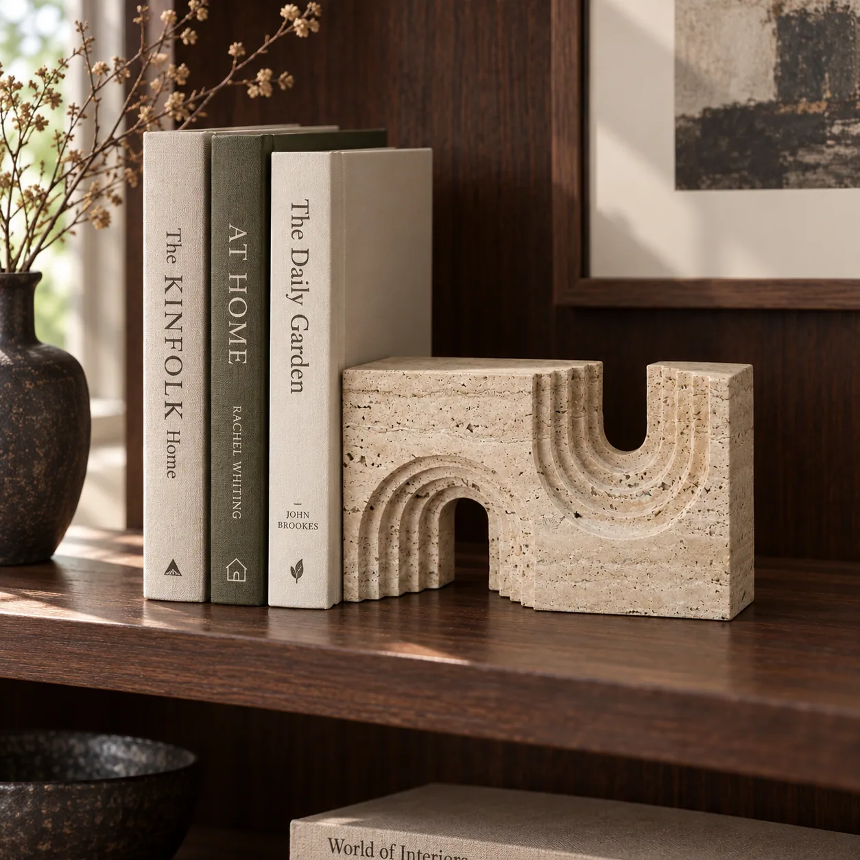 Travertine Wave Bookend — styled arrangement; accessories not included
