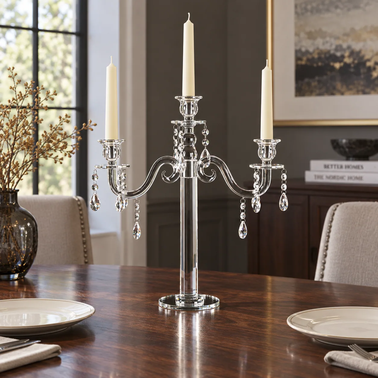 Crystal Three-Light Candelabra — styled arrangement; accessories not included
