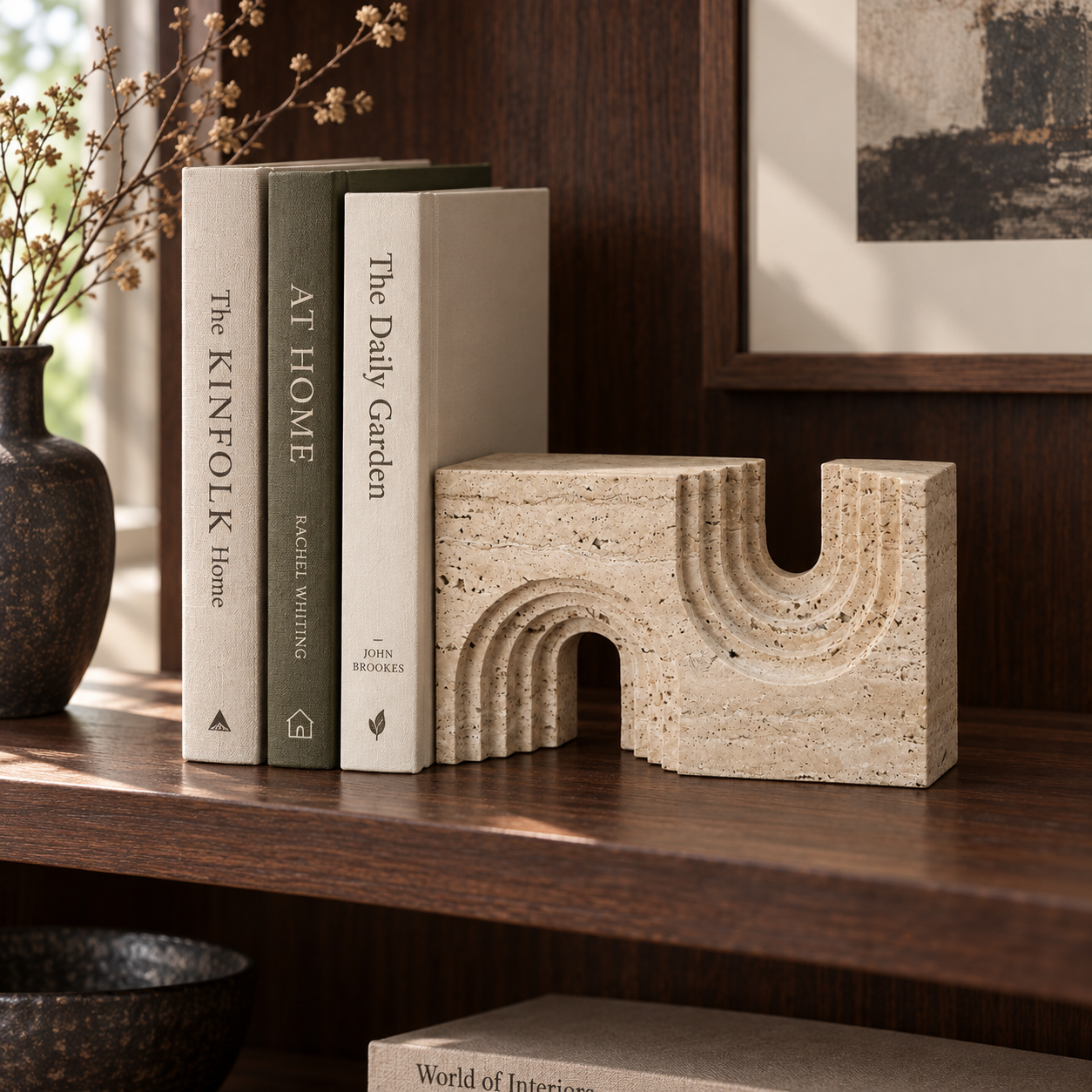 Travertine Wave Bookend — styled arrangement; accessories not included