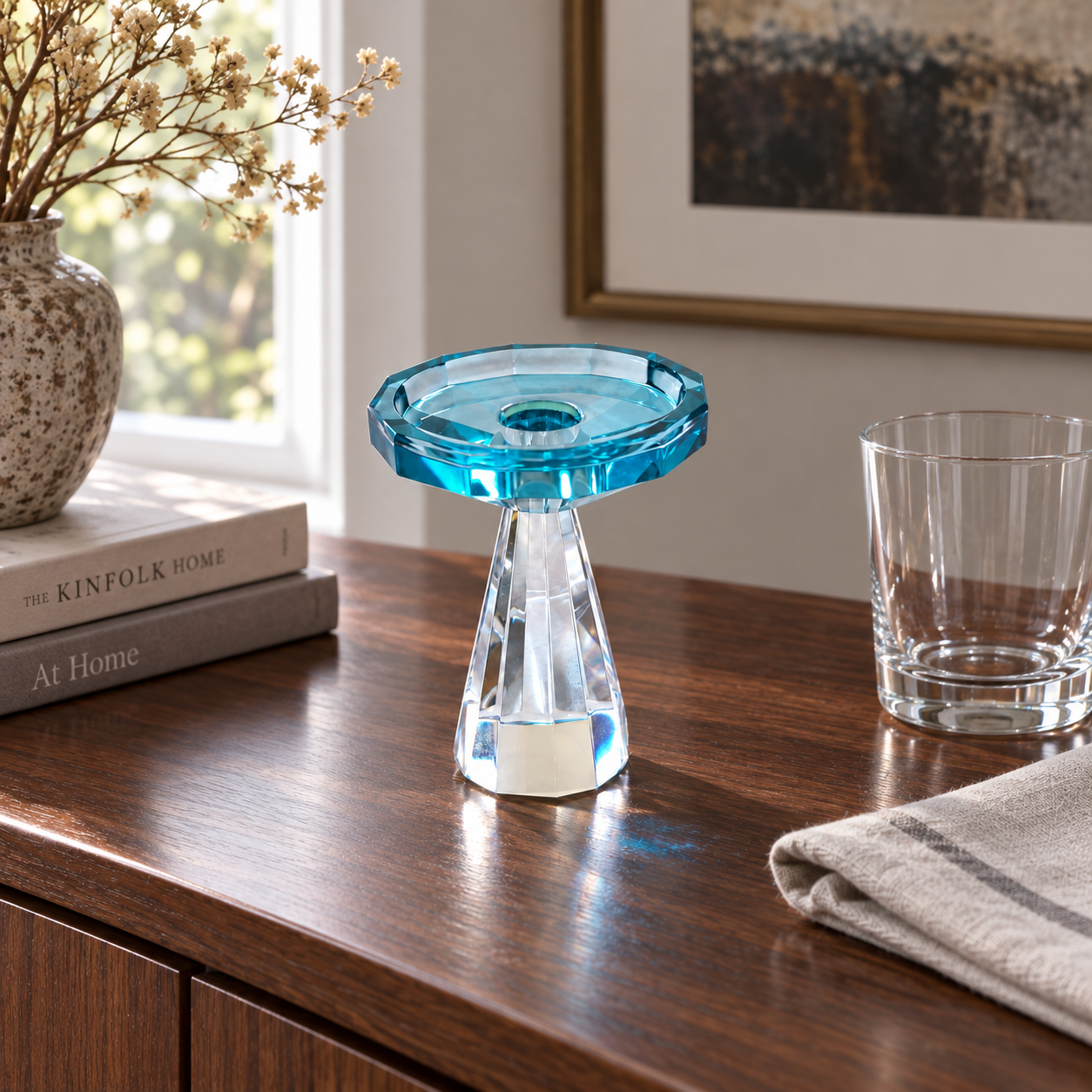 Azure Crystal Candlestick — styled arrangement; accessories not included