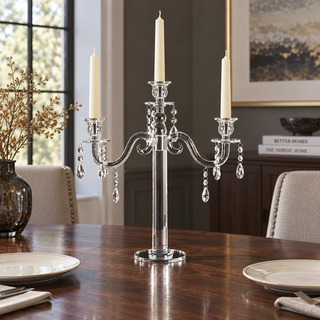 Crystal Three-Light Candelabra — styled arrangement; accessories not included