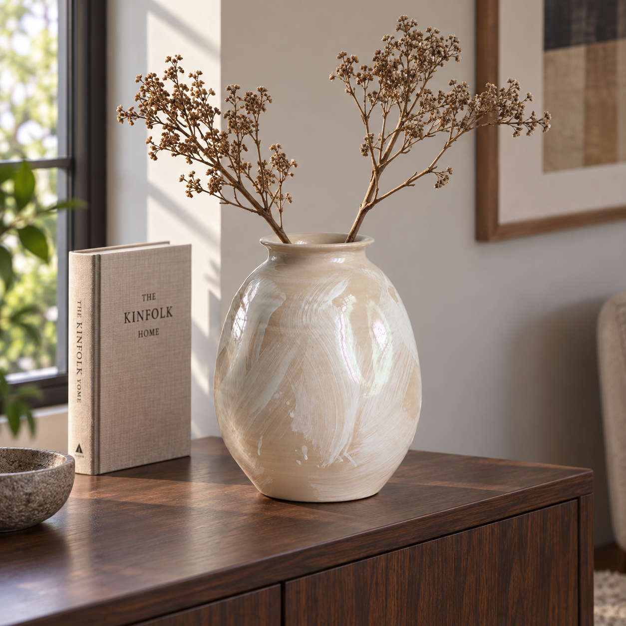 Cream Brushstroke Vase — styled arrangement; accessories not included