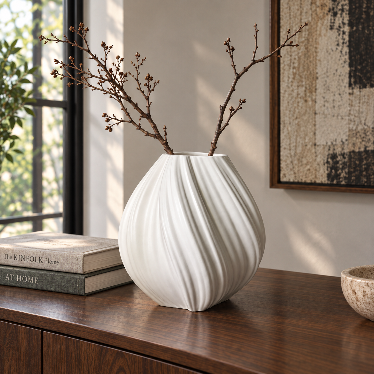 White Spiral Vase — styled arrangement; accessories not included